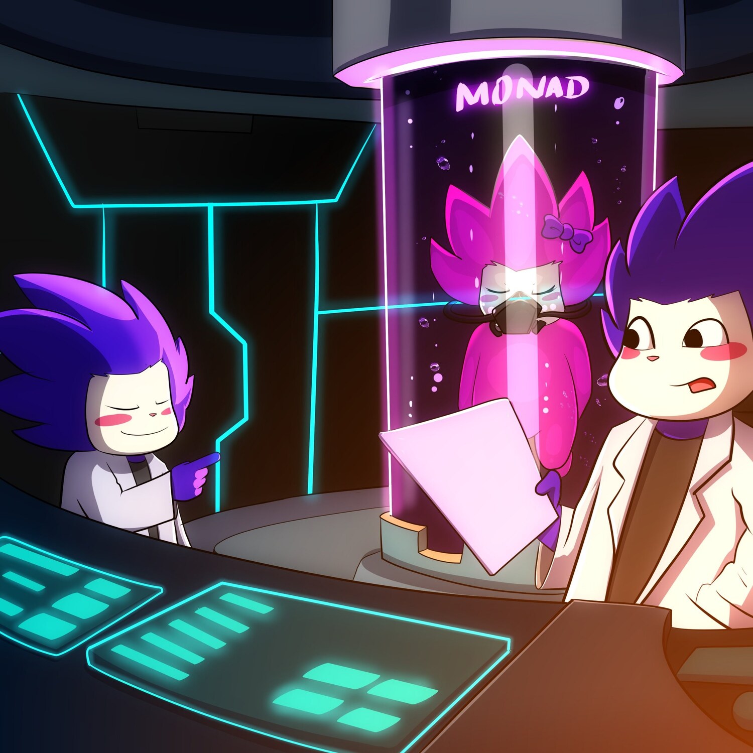 Two scientists in the Monad lab, Chogi suspended in a containment dome marked MONAD