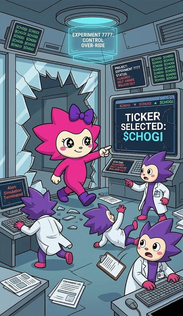 Chogi steps out of the shattered chamber, scientists scrambling, the screens read TICKER SELECTED: $CHOGI
