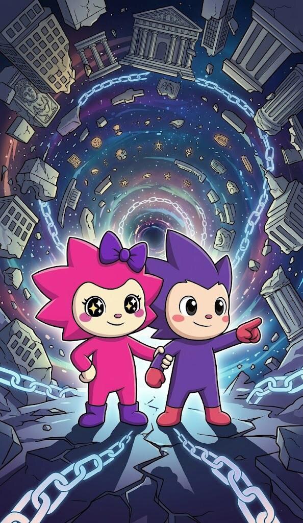 Chogi and Chog stand together at the mouth of a vortex, debris of dead chains floating around them