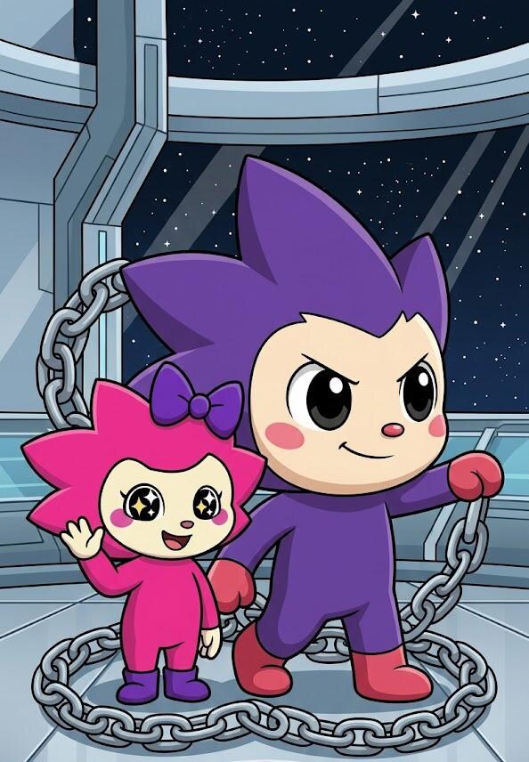 Chog stands guard with chains around them both, Chogi waving from his side, stars overhead