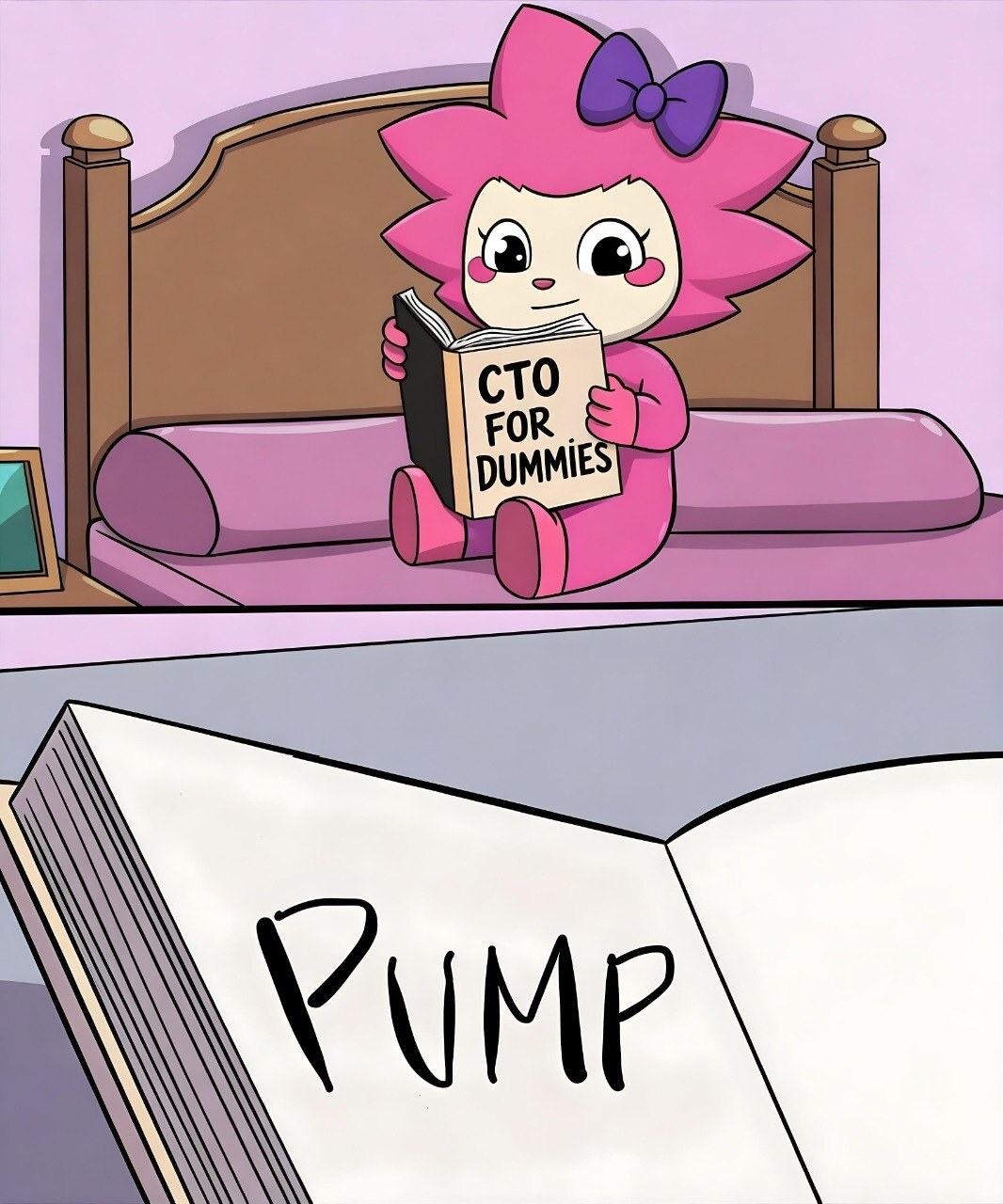 Chogi reading CTO For Dummies in bed, the open page reads PUMP