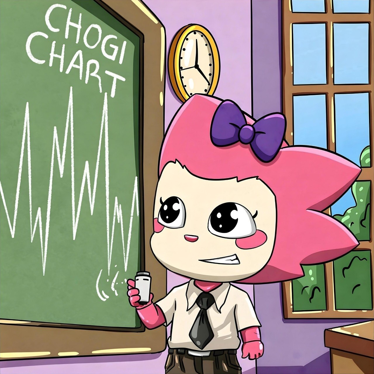 Chogi at a chalkboard labeled CHOGI CHART showing a vertical green line, dressed in shirt and tie