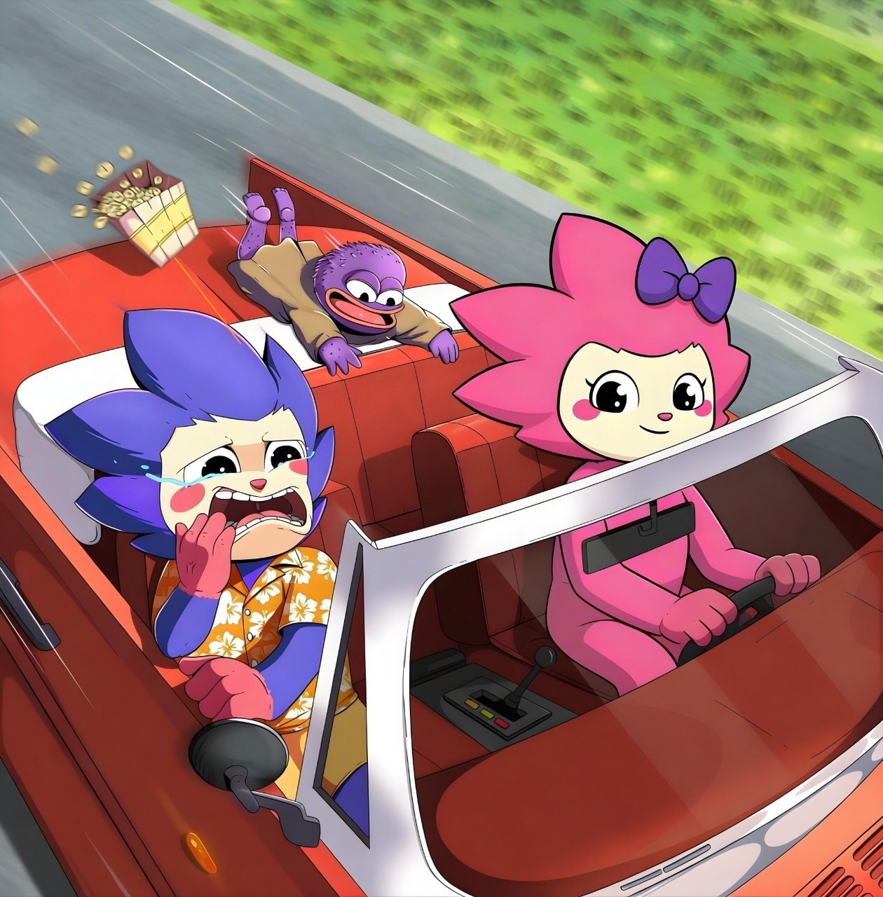 Chogi at the wheel of a red convertible, Chog crying in the passenger seat, popcorn flying out