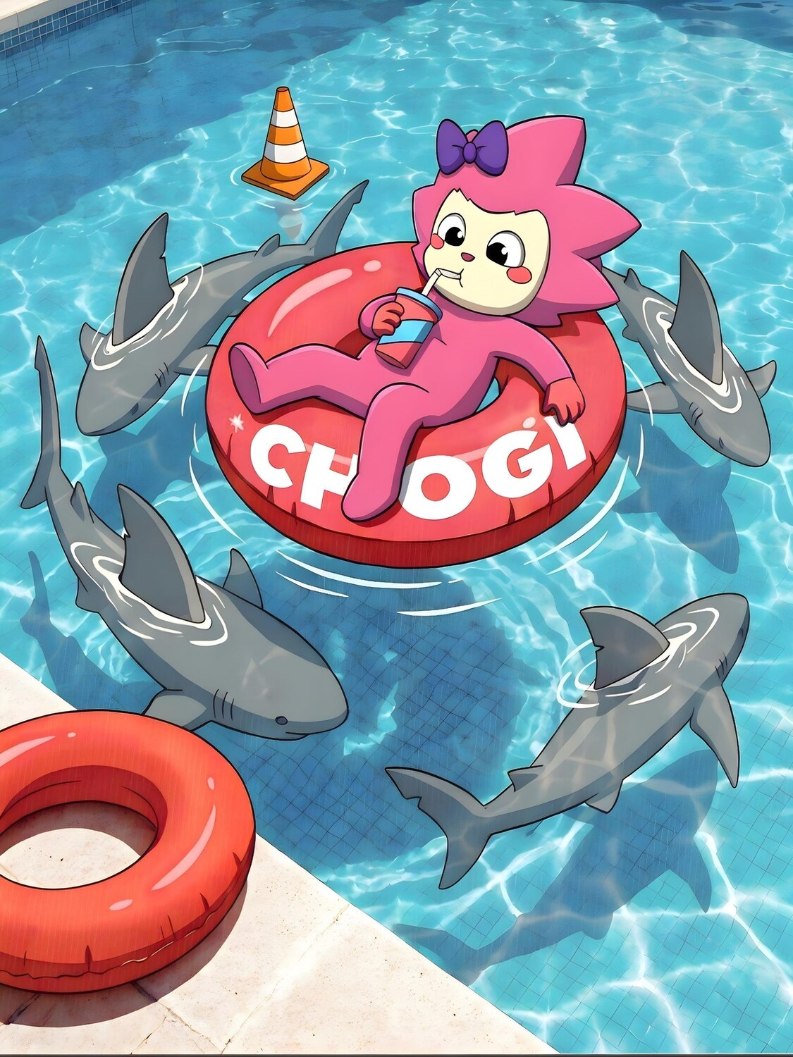Chogi on a CHOGI float in a pool, sipping a drink, sharks circling around her