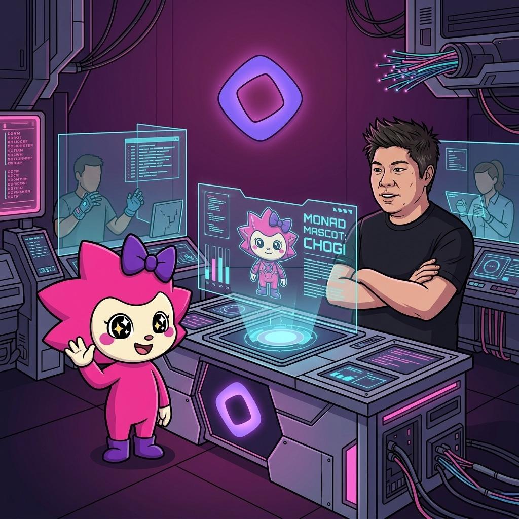 Chogi waves at the creator of Monad inside the lab. A holographic display reads MONAD MASCOT: CHOGI. The Monad logo glows on the wall.
