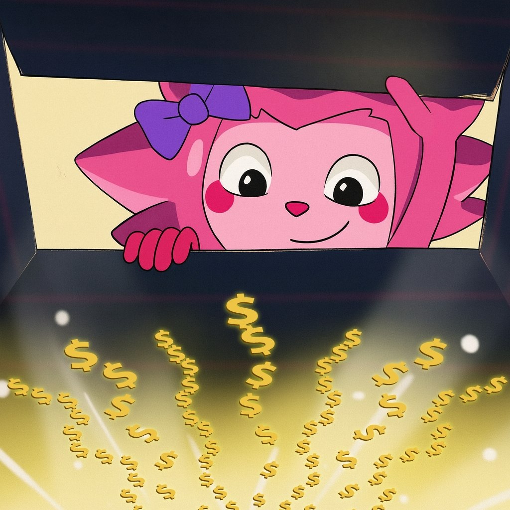 Chogi peeking out of an opened box, smiling, golden dollar signs raining down.