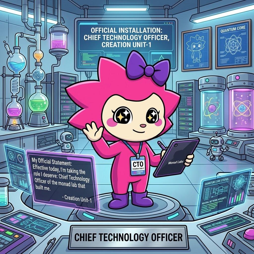 Chogi in a Monad Labs lab wearing a CTO Creation Unit-1 badge, standing on a podium.