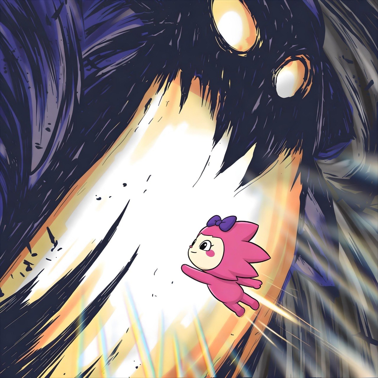 Chogi mid-flight, escaping a dark expelling force, light blasting behind her.