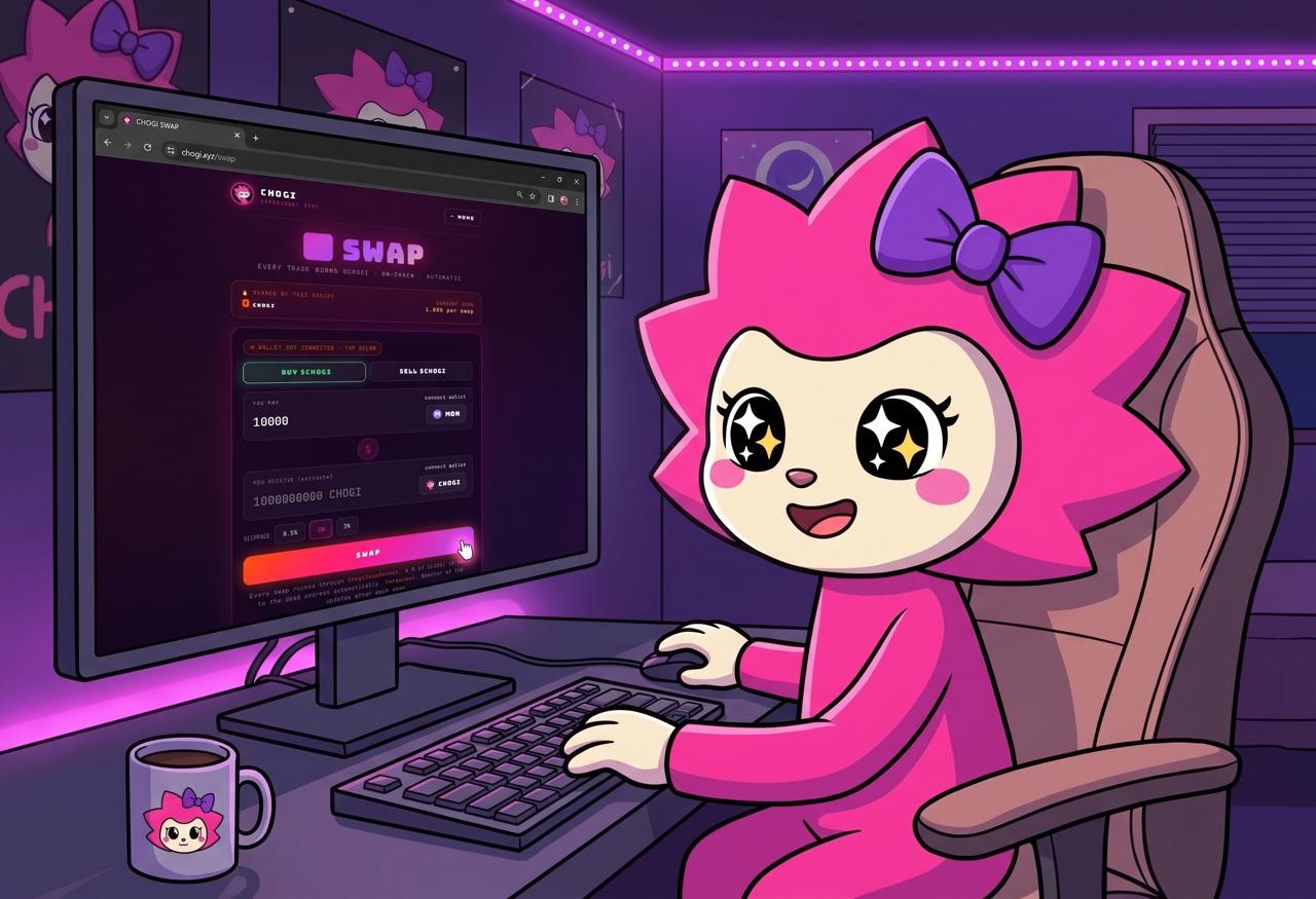 Chogi at a desk in a neon-lit room using her own SWAP terminal at chogi.xyz/swap.