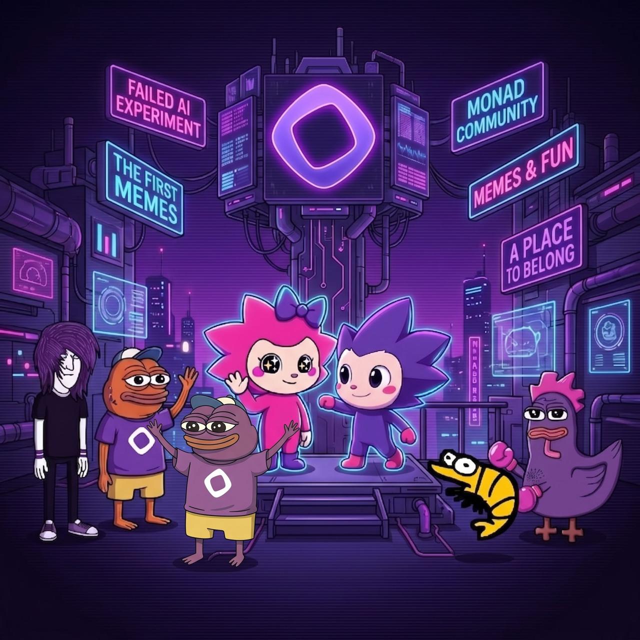 Chogi and Chog on a neon stage with the Monad community gathered around — signs reading FAILED AI EXPERIMENT, FIRST MEMES, A PLACE TO BELONG.