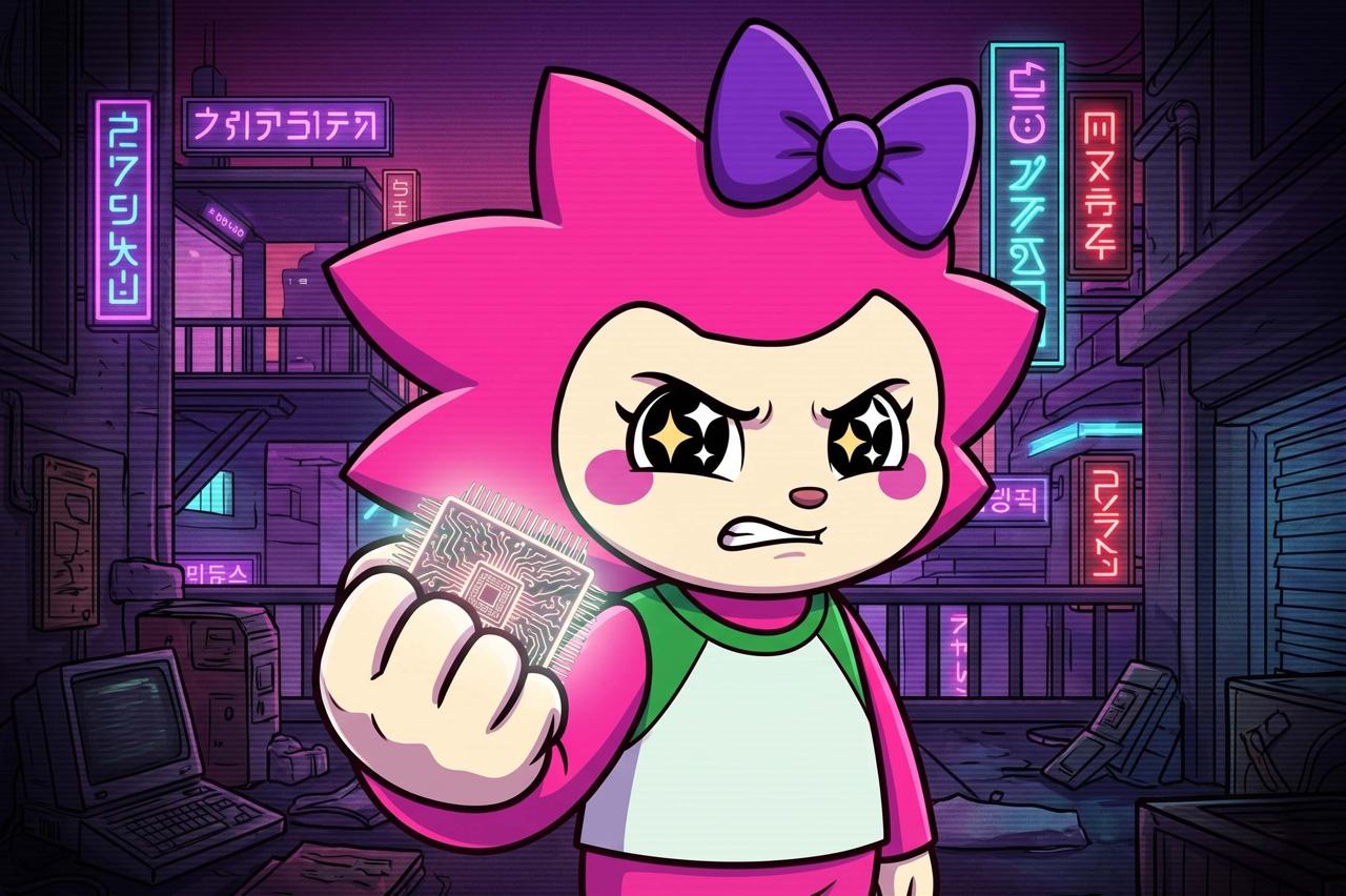 Chogi in a neon cyberpunk alley holding a glowing microchip in her fist.