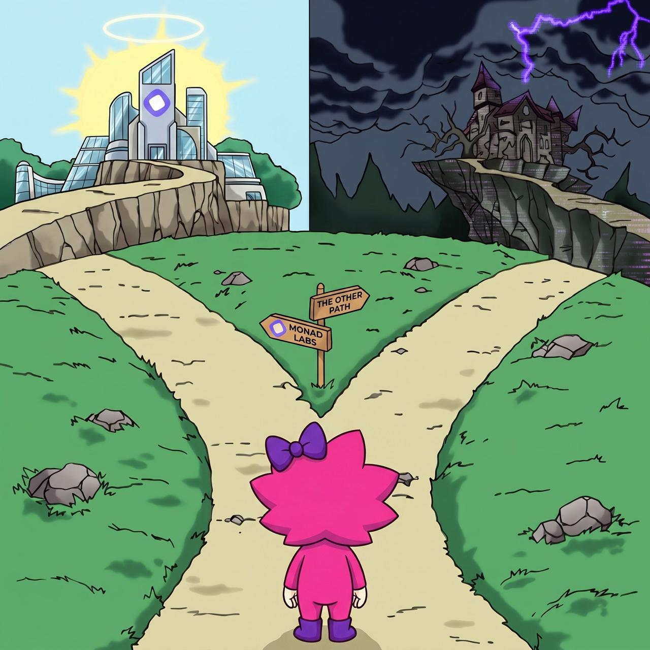 Chogi at a fork in the road. Sign reads MONAD LABS to the left, THE OTHER PATH to the right.