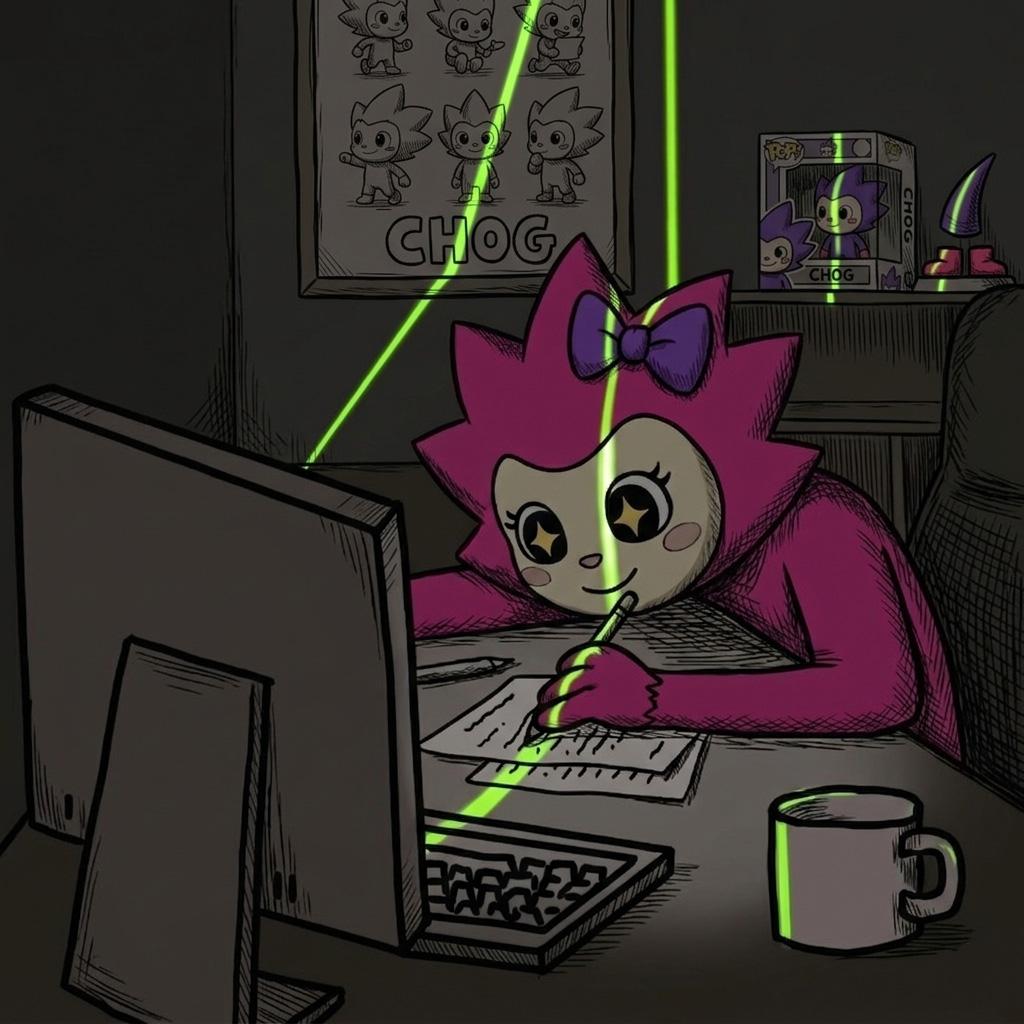 Chogi at a desk drawing on paper, green laser lines crossing the room, posters of Chog on the wall.