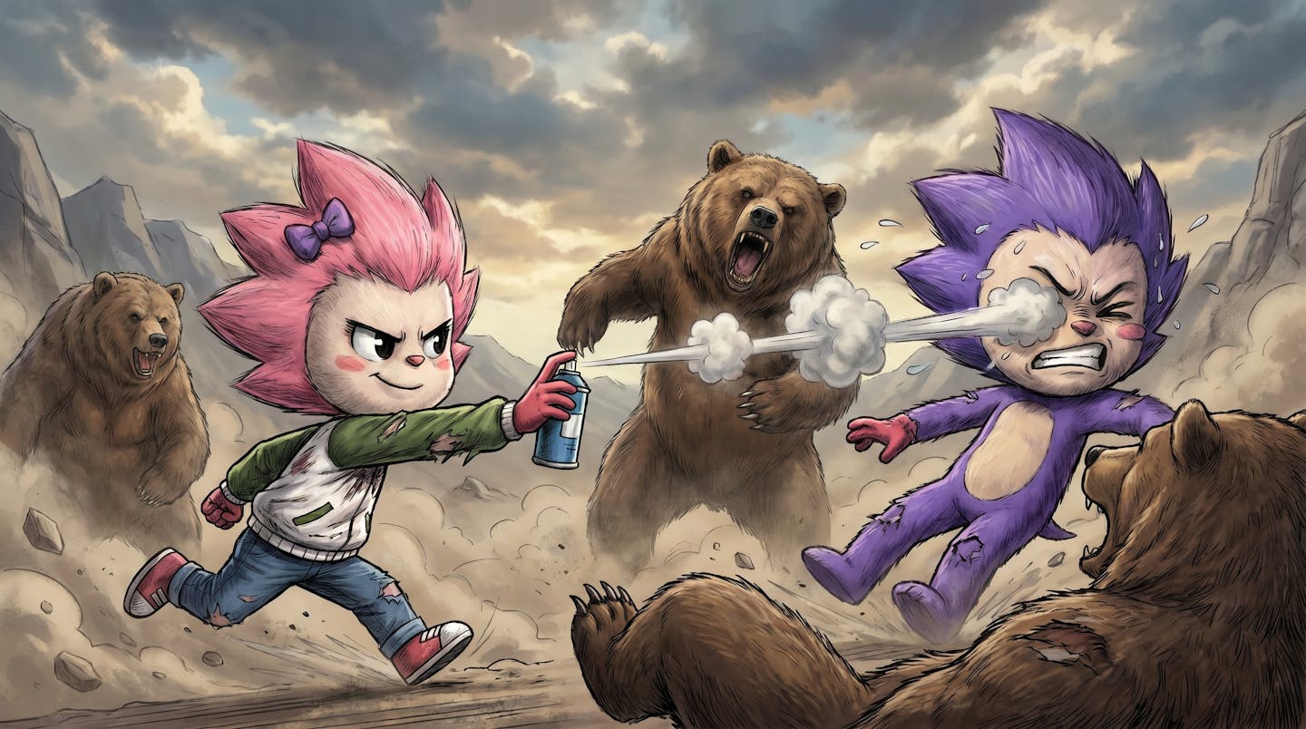 Chogi sprays a charging grizzly bear in a wasteland while Chog is attacked by another bear in the background.
