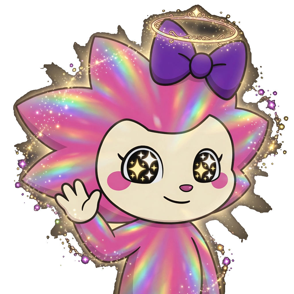 Adult Prime Chogi in hero pose, pink fur, purple bow.